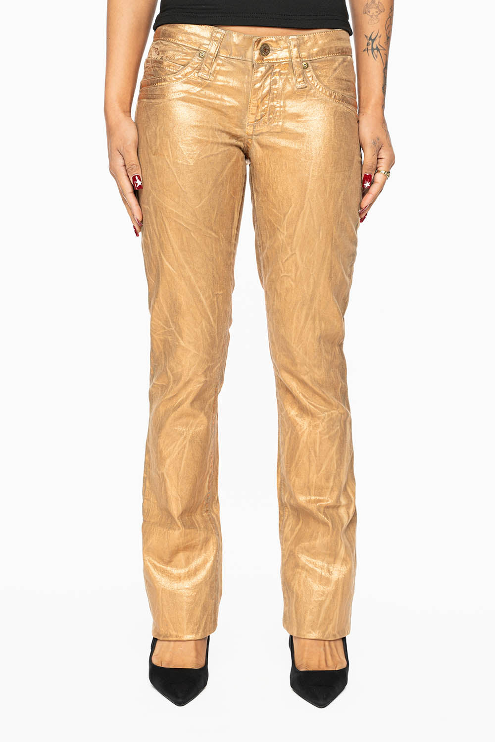 MARILYN LOW RISE WOMENS JEANS IN BRONZE FOIL  WITH TONAL WINGS & SMOKY TOPAZ CRYSTALS