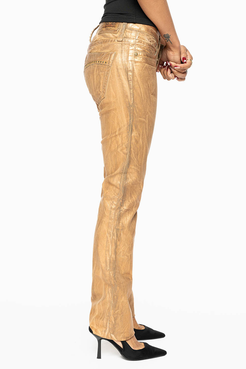 MARILYN LOW RISE WOMENS JEANS IN BRONZE FOIL  WITH TONAL WINGS & SMOKY TOPAZ CRYSTALS