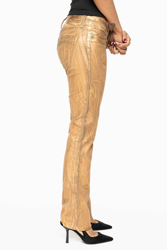 MARILYN LOW RISE WOMENS JEANS IN BRONZE FOIL  WITH TONAL WINGS & SMOKY TOPAZ CRYSTALS