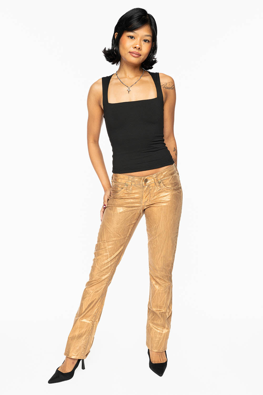MARILYN LOW RISE WOMENS JEANS IN BRONZE FOIL  WITH TONAL WINGS & SMOKY TOPAZ CRYSTALS
