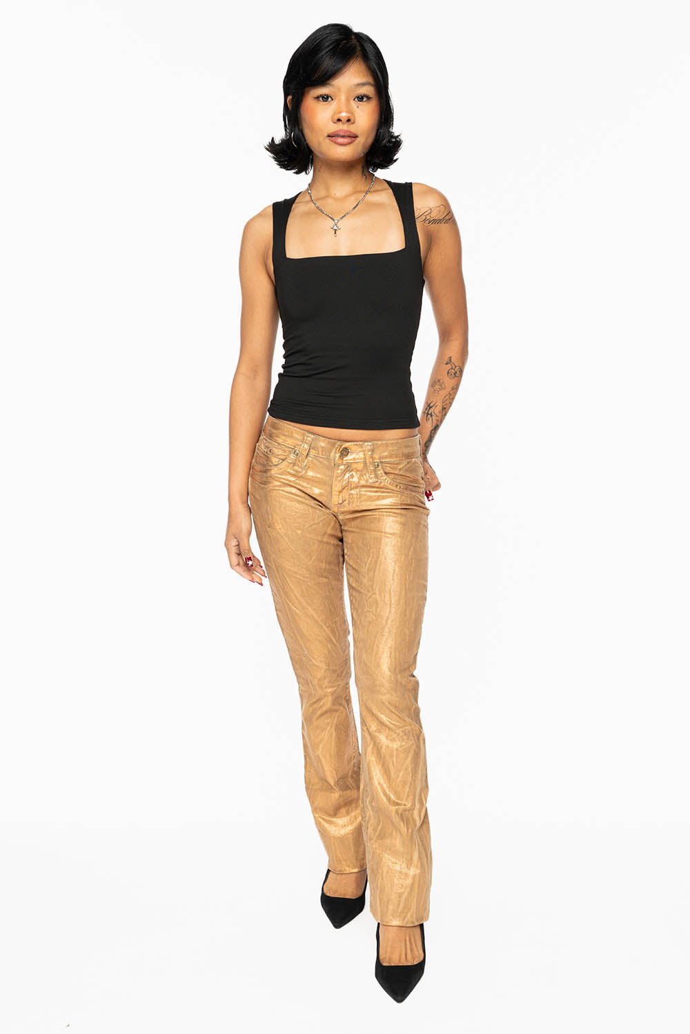 MARILYN LOW RISE WOMENS JEANS IN BRONZE FOIL  WITH TONAL WINGS & SMOKY TOPAZ CRYSTALS