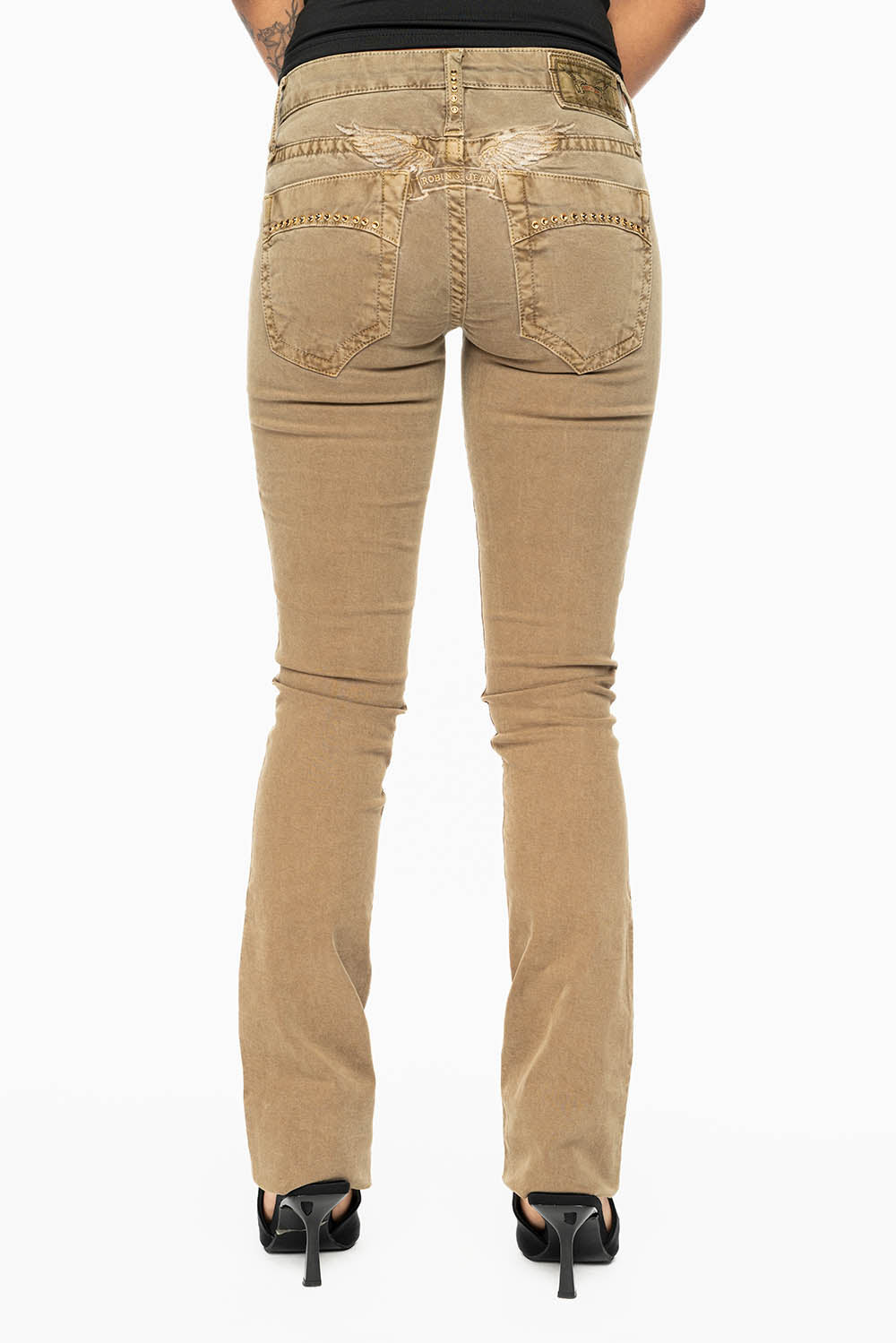 MARILYN LOW RISE WOMENS JEANS IN KANGAROO  WITH TONAL WINGS & SMOKY TOPAZ CRYSTALS