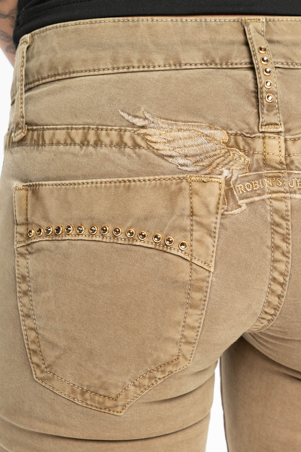 MARILYN LOW RISE WOMENS JEANS IN KANGAROO  WITH TONAL WINGS & SMOKY TOPAZ CRYSTALS