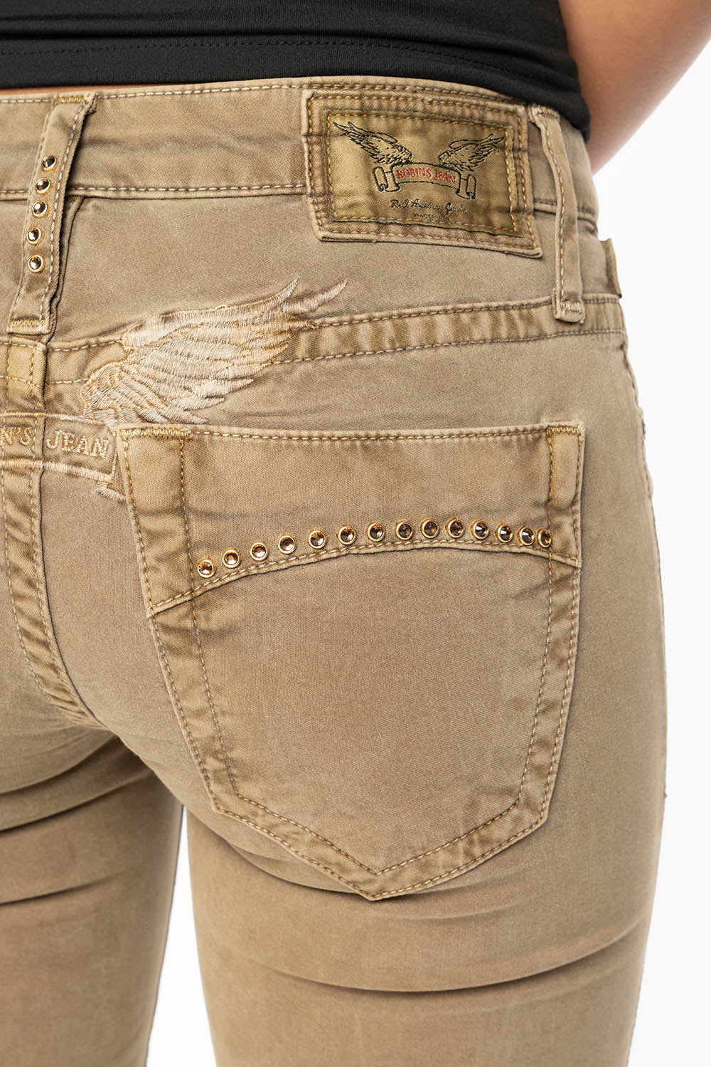 MARILYN LOW RISE WOMENS JEANS IN KANGAROO  WITH TONAL WINGS & SMOKY TOPAZ CRYSTALS