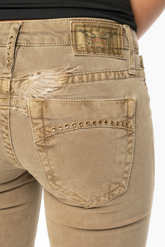 MARILYN LOW RISE WOMENS JEANS IN KANGAROO  WITH TONAL WINGS & SMOKY TOPAZ CRYSTALS