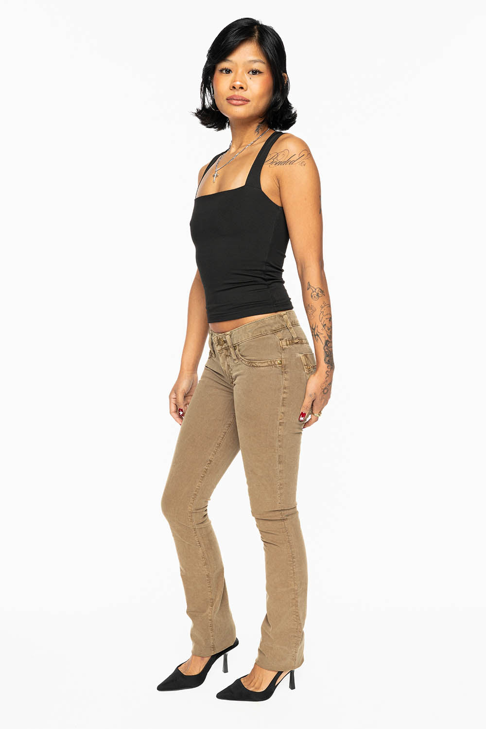 MARILYN LOW RISE WOMENS JEANS IN KANGAROO  WITH TONAL WINGS & SMOKY TOPAZ CRYSTALS
