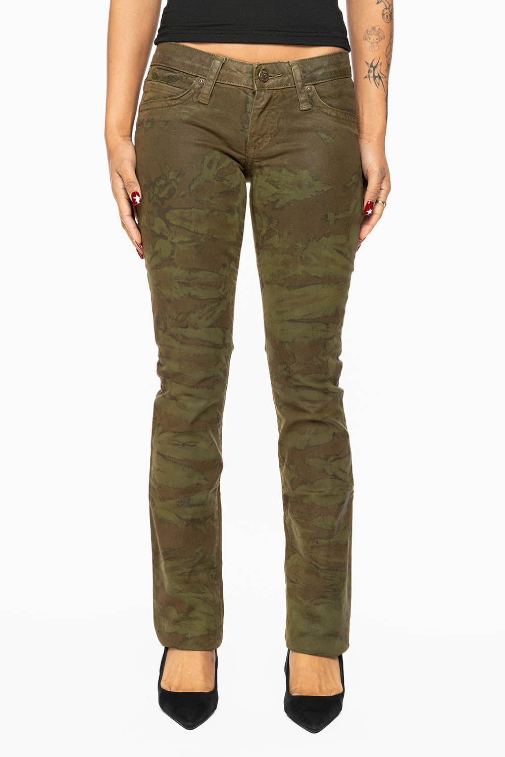 MARILYN LOW RISE WOMENS STRAIGHT LEG JEANS IN MUD GREEN  CAMO COATING