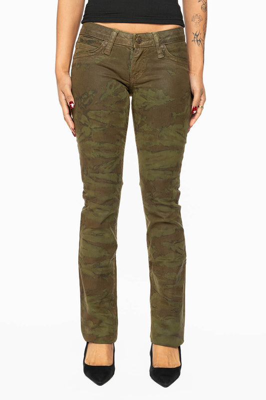 MARILYN LOW RISE WOMENS STRAIGHT LEG JEANS IN MUD GREEN  CAMO COATING