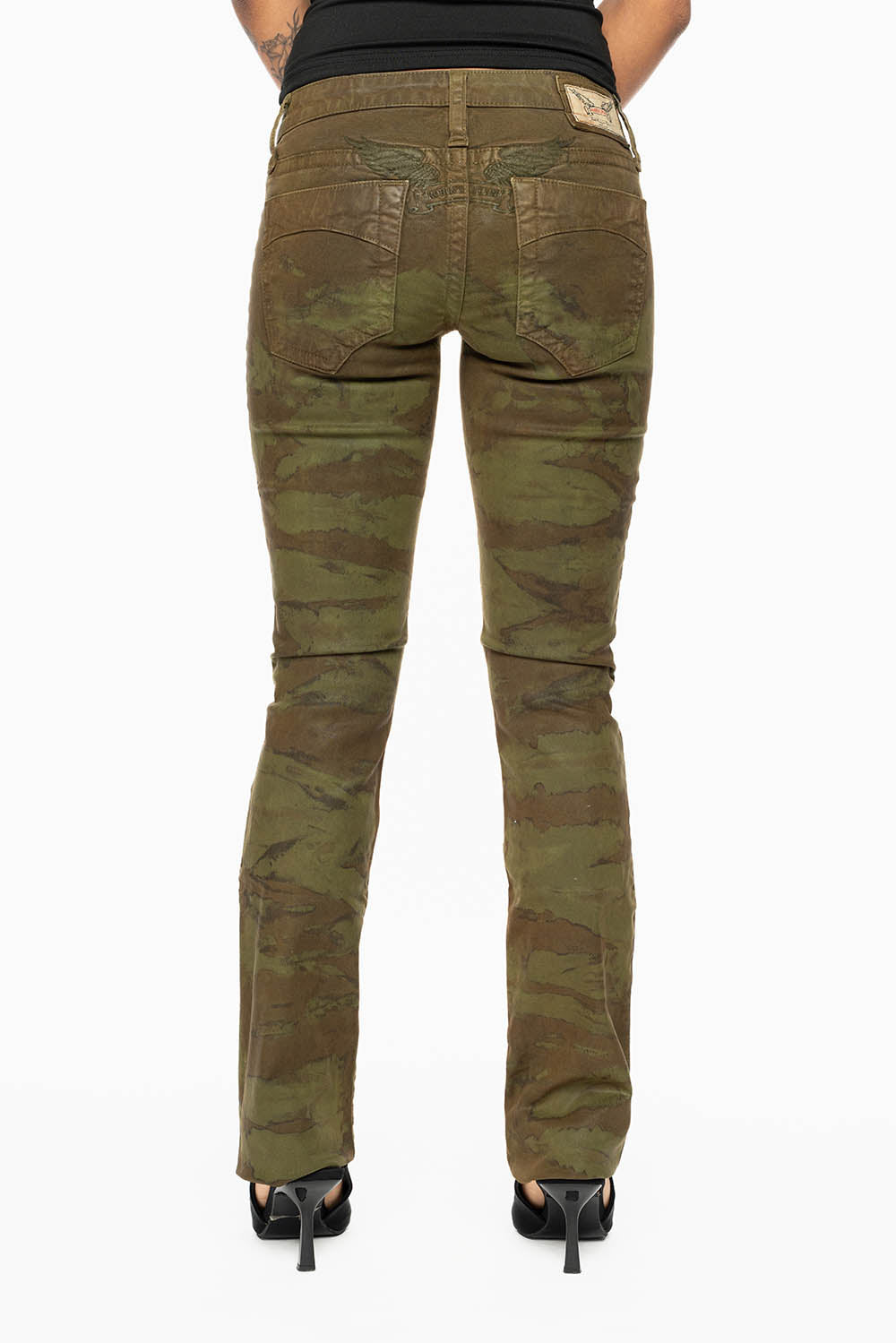 MARILYN LOW RISE WOMENS STRAIGHT LEG JEANS IN MUD GREEN  CAMO COATING