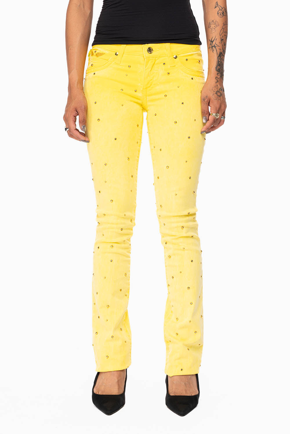 MARILYN LOW RISE WOMENS  STRAIGHT LEG JEANS IN OIL YELLOW WITH GOLD WINGS EMBELLISHED WITH CRYSTALS & STUDS