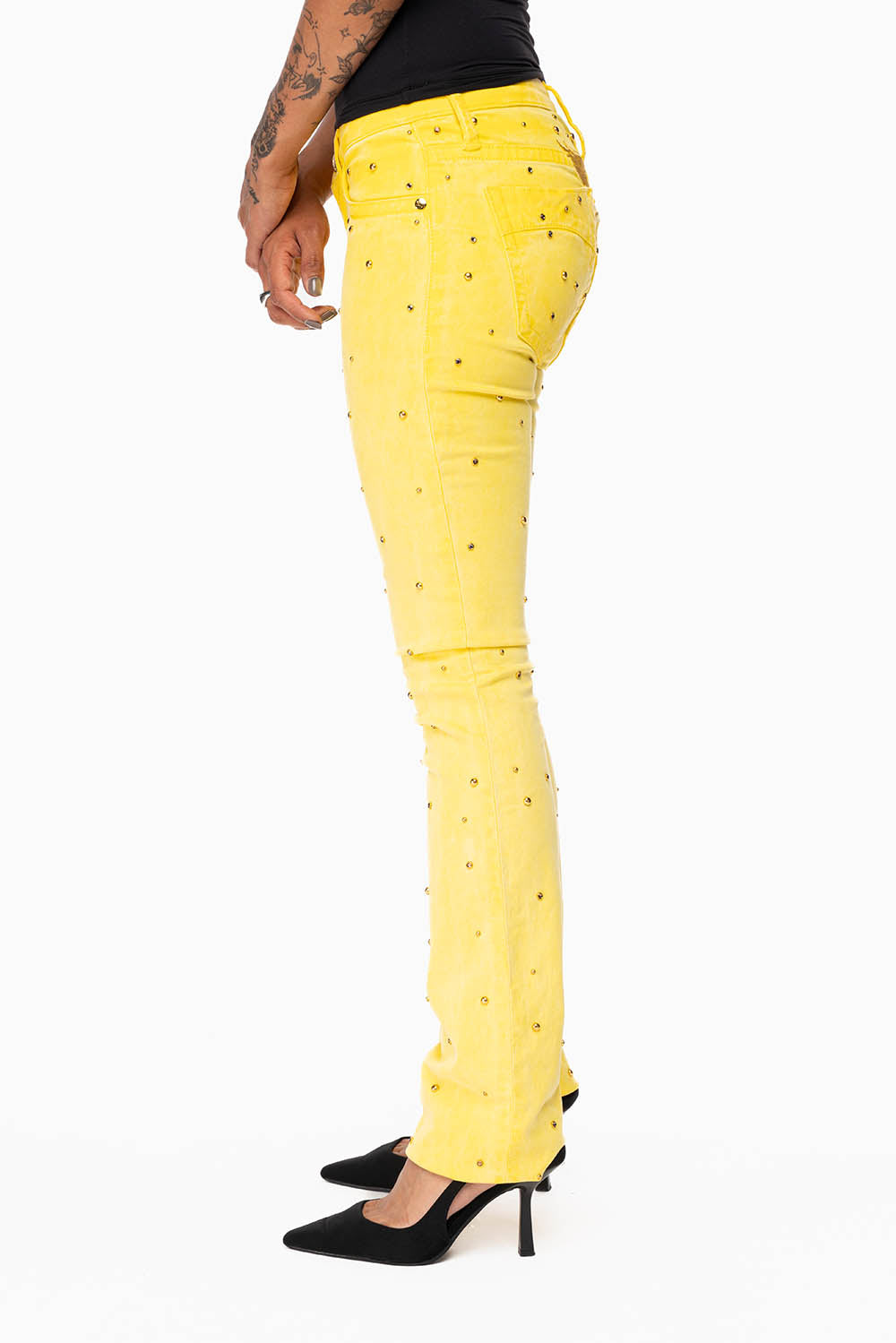 MARILYN LOW RISE WOMENS  STRAIGHT LEG JEANS IN OIL YELLOW WITH GOLD WINGS EMBELLISHED WITH CRYSTALS & STUDS