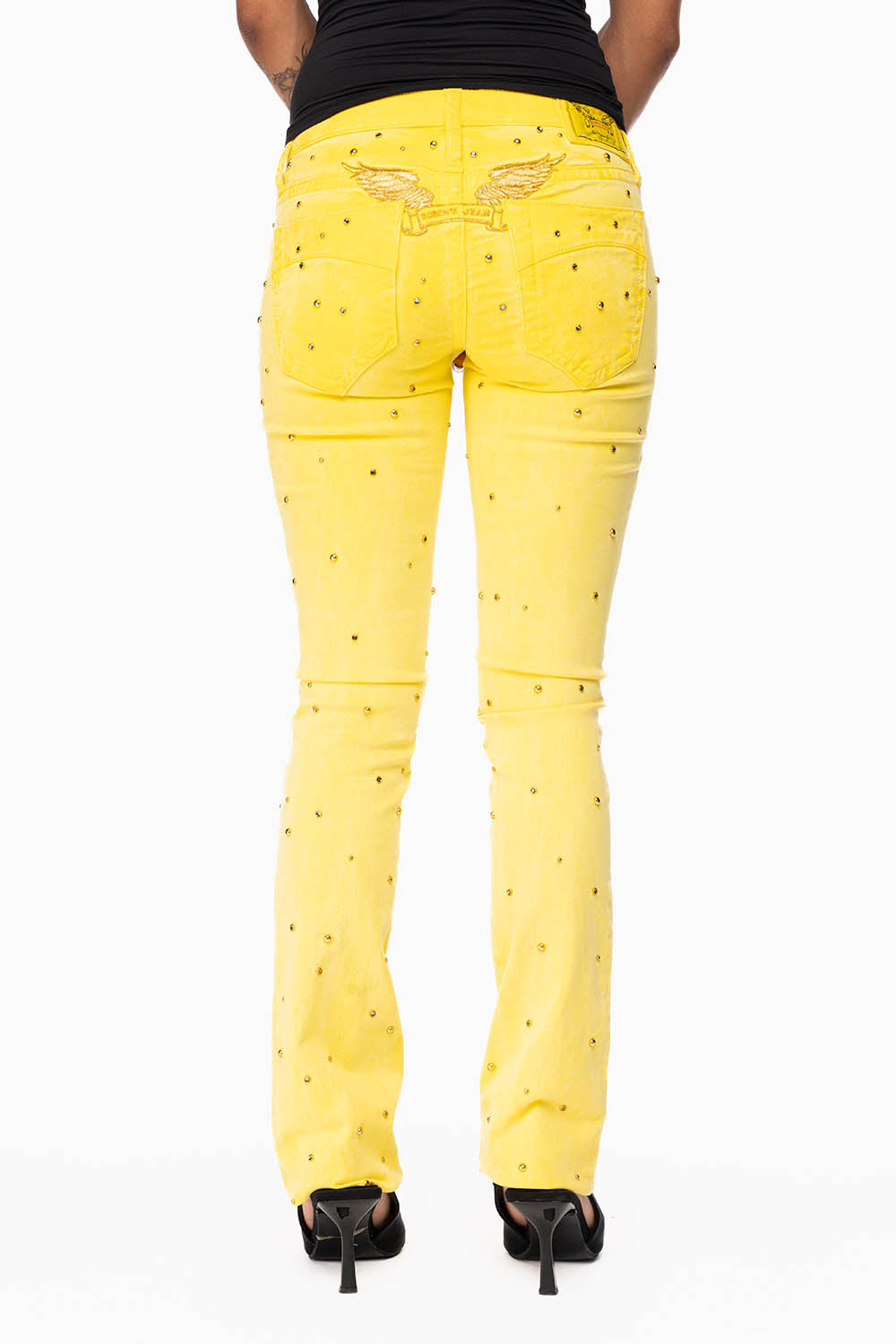 MARILYN LOW RISE WOMENS  STRAIGHT LEG JEANS IN OIL YELLOW WITH GOLD WINGS EMBELLISHED WITH CRYSTALS & STUDS