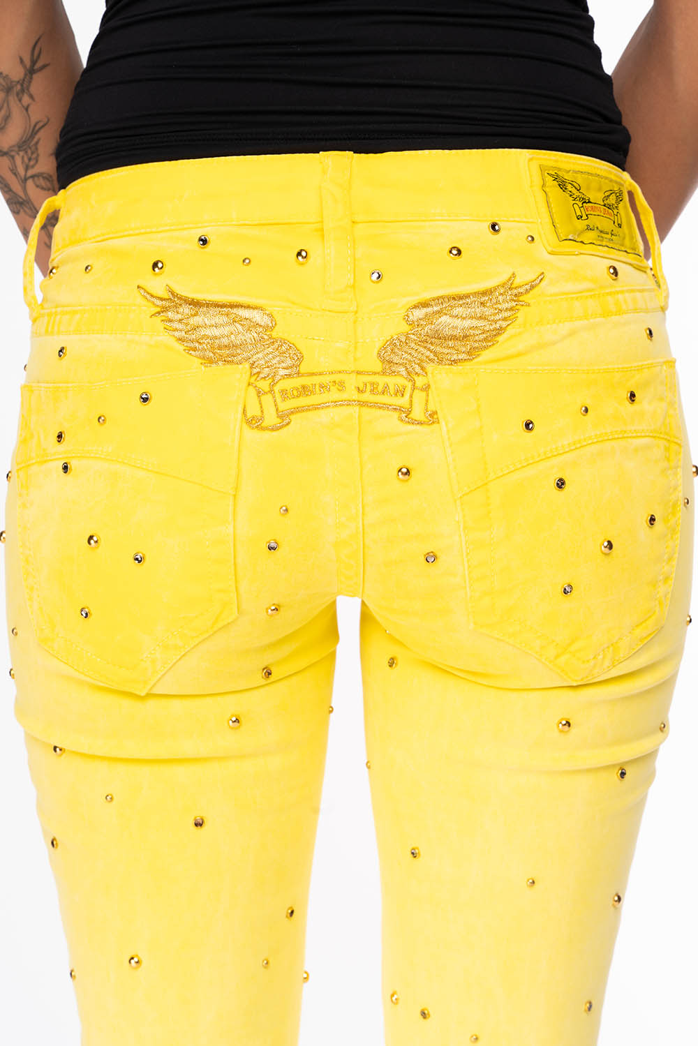 MARILYN LOW RISE WOMENS  STRAIGHT LEG JEANS IN OIL YELLOW WITH GOLD WINGS EMBELLISHED WITH CRYSTALS & STUDS