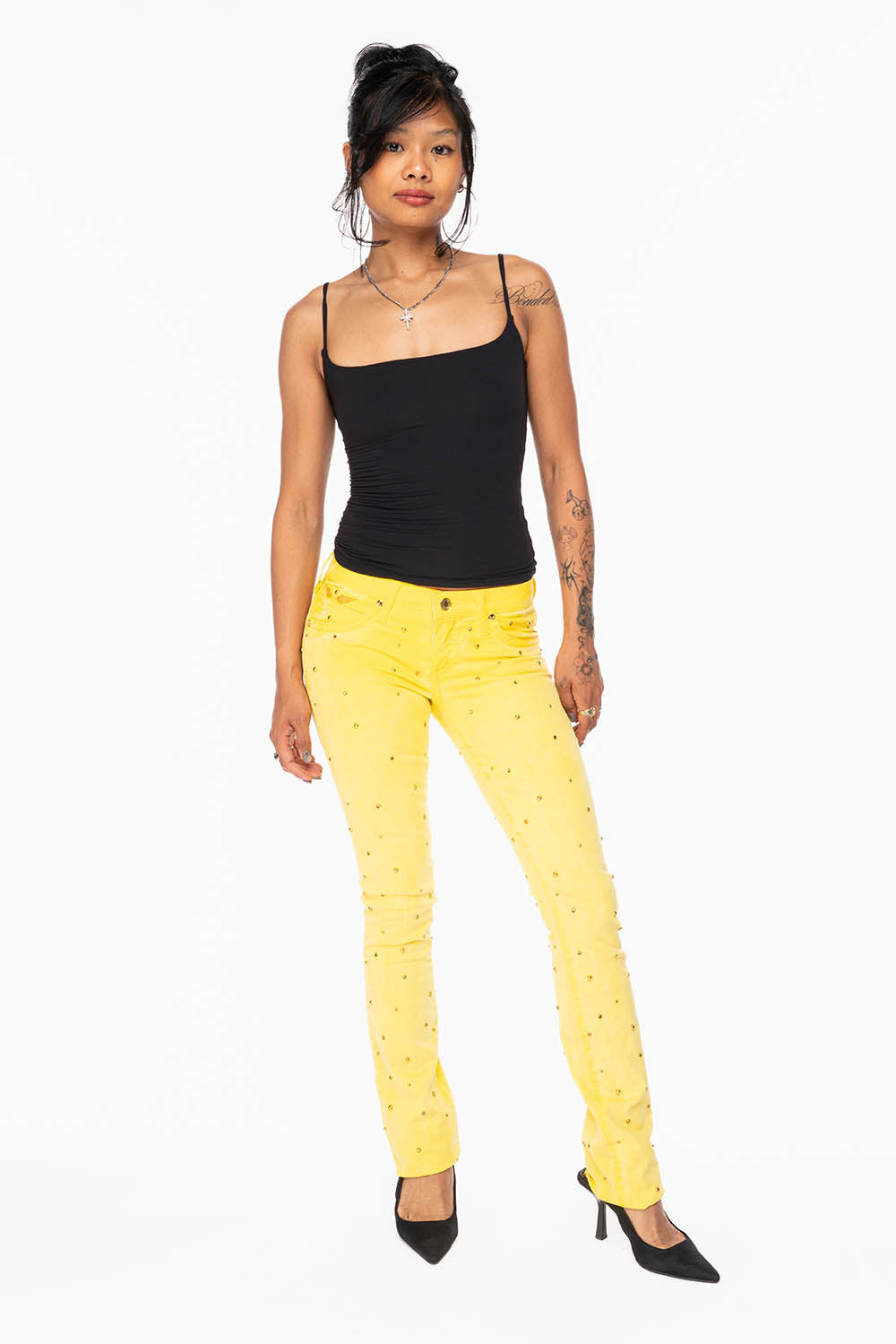 MARILYN LOW RISE WOMENS  STRAIGHT LEG JEANS IN OIL YELLOW WITH GOLD WINGS EMBELLISHED WITH CRYSTALS & STUDS