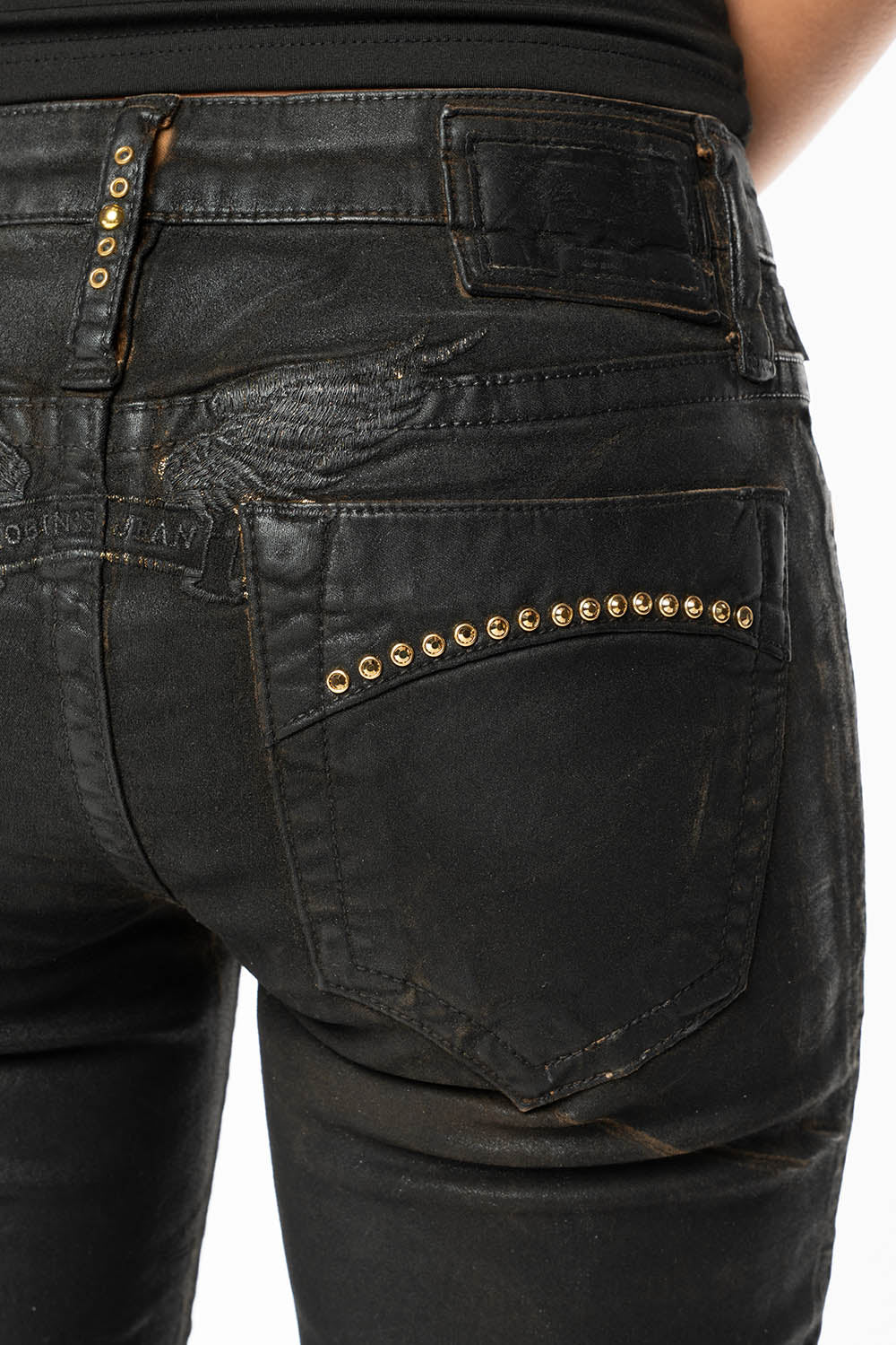 MARILYN LOW RISE WOMENS JEANS IN CUIR BLK  WITH TONAL WINGS & AURUM CRYSTALS