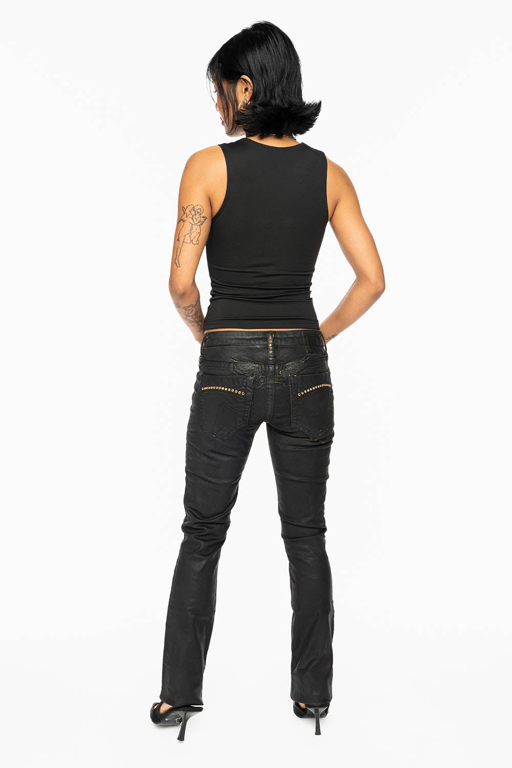 MARILYN LOW RISE WOMENS JEANS IN CUIR BLK  WITH TONAL WINGS & AURUM CRYSTALS