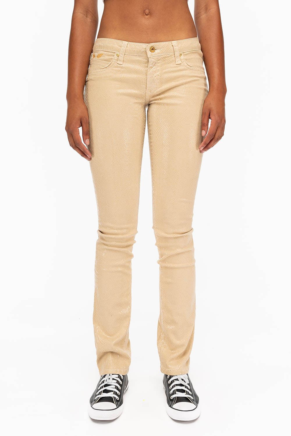 MARILYN WOMENS STRAIGHT JEANS IN LIZARD KHAKI WITH GOLD WINGS