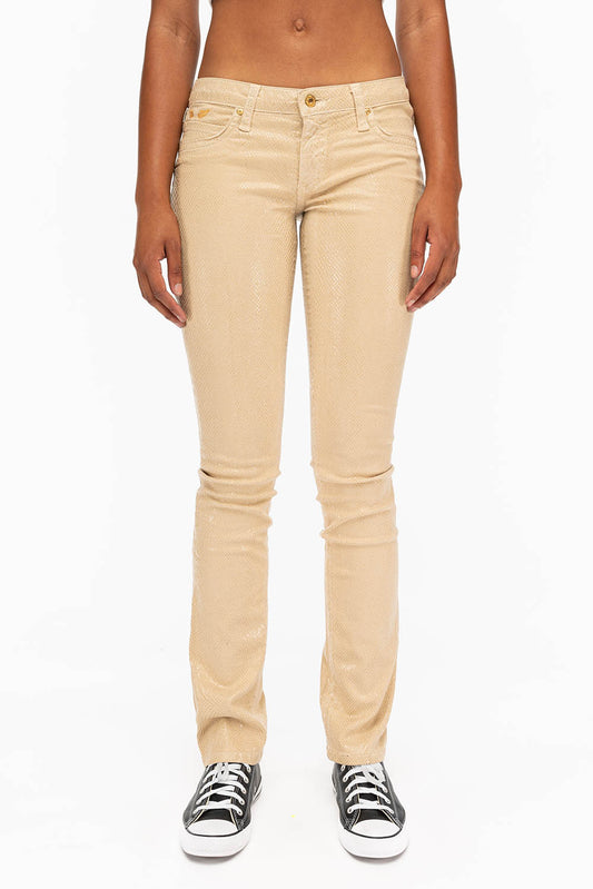 MARILYN WOMENS STRAIGHT JEANS IN LIZARD KHAKI WITH GOLD WINGS