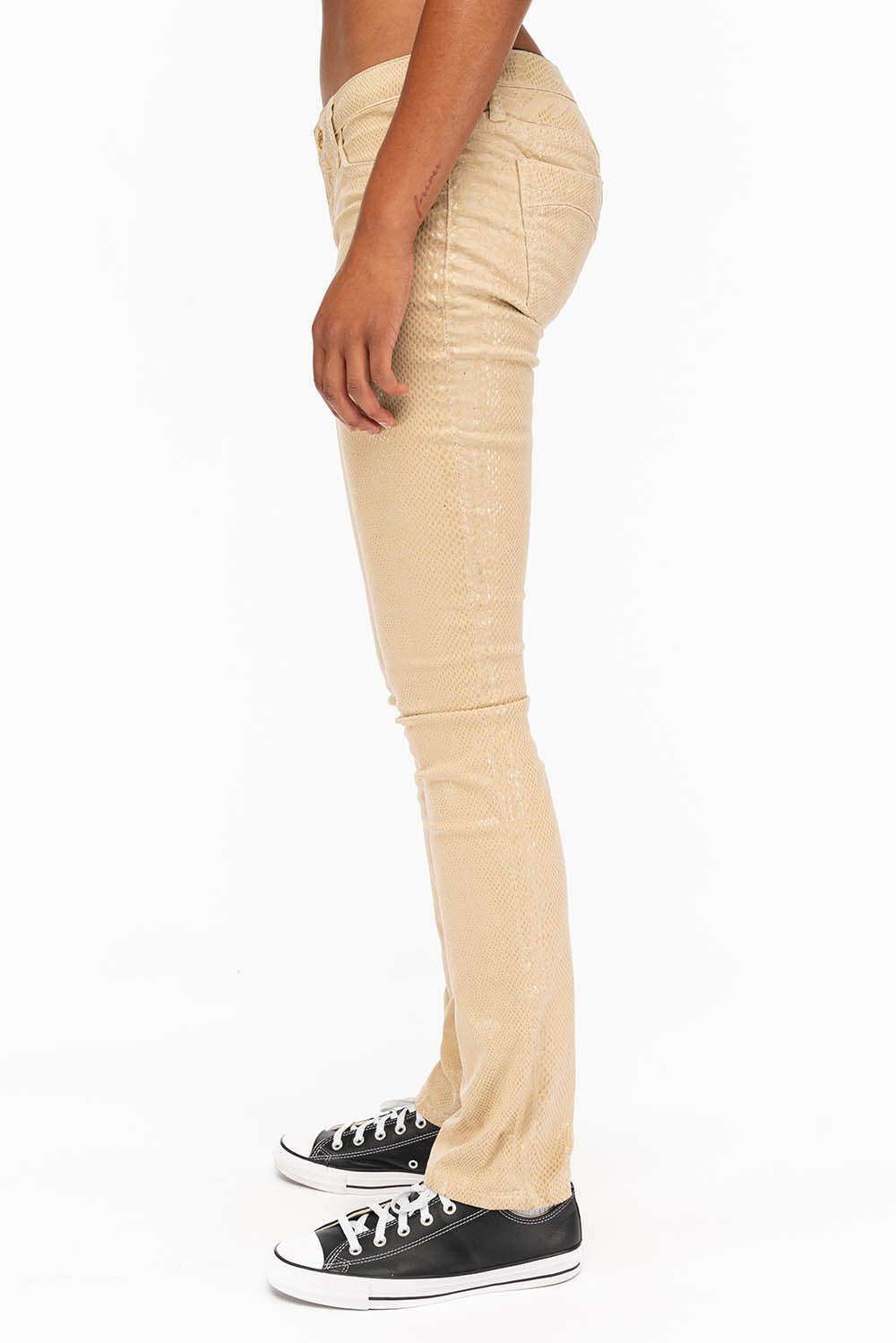 MARILYN WOMENS STRAIGHT JEANS IN LIZARD KHAKI WITH GOLD WINGS