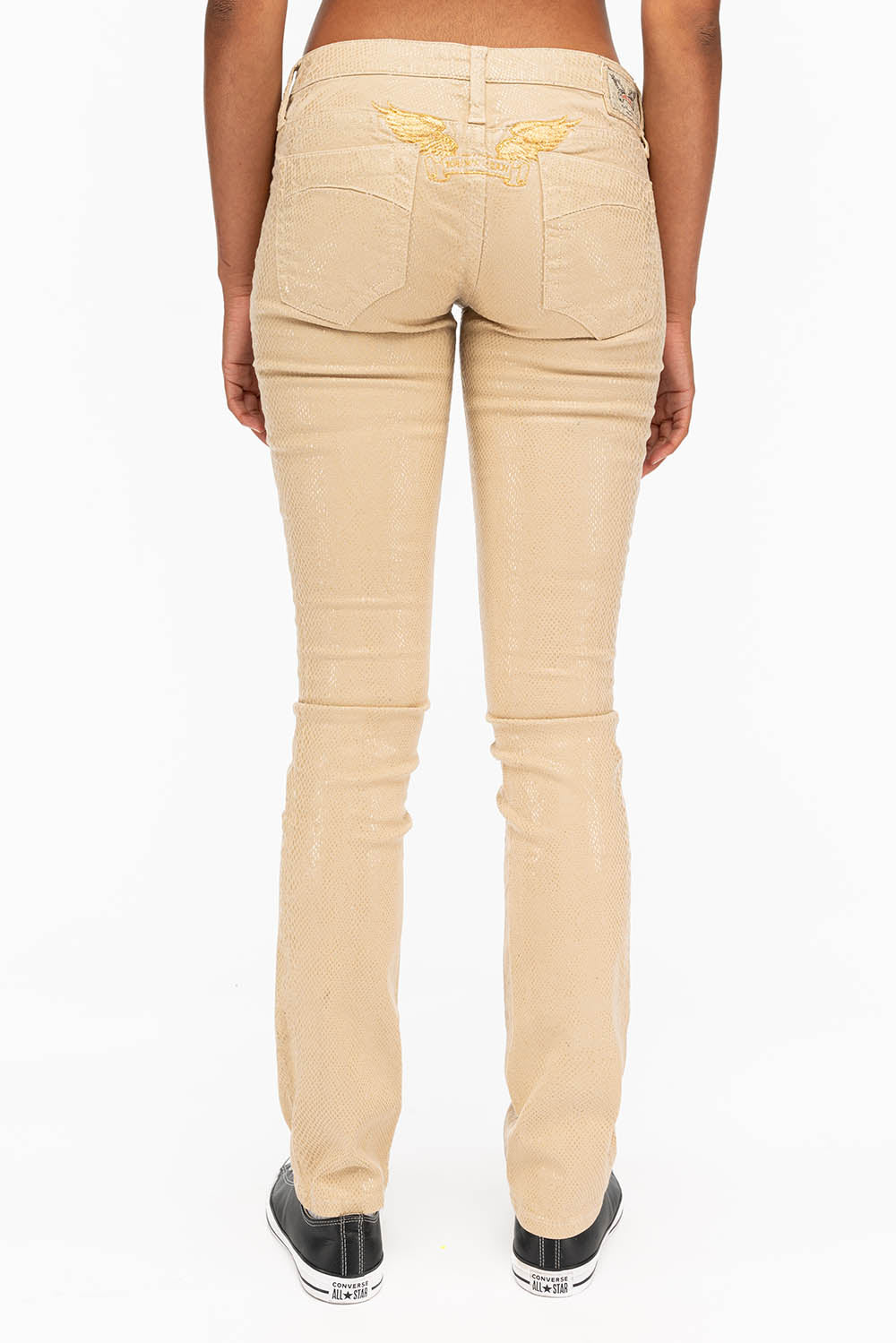 MARILYN WOMENS STRAIGHT JEANS IN LIZARD KHAKI WITH GOLD WINGS