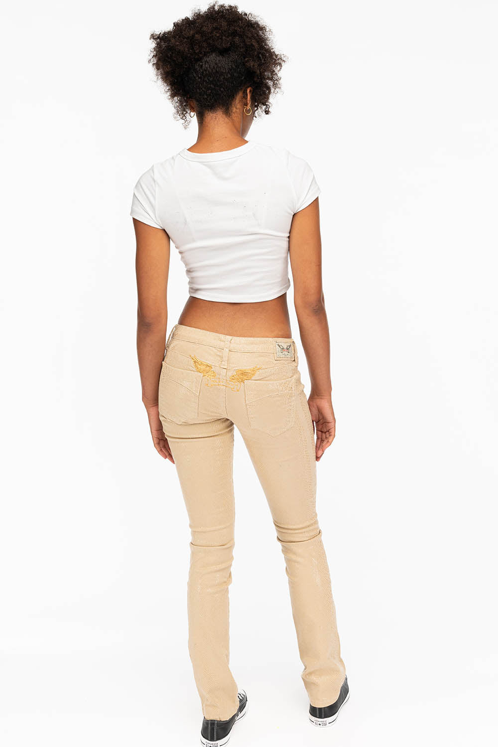 MARILYN WOMENS STRAIGHT JEANS IN LIZARD KHAKI WITH GOLD WINGS