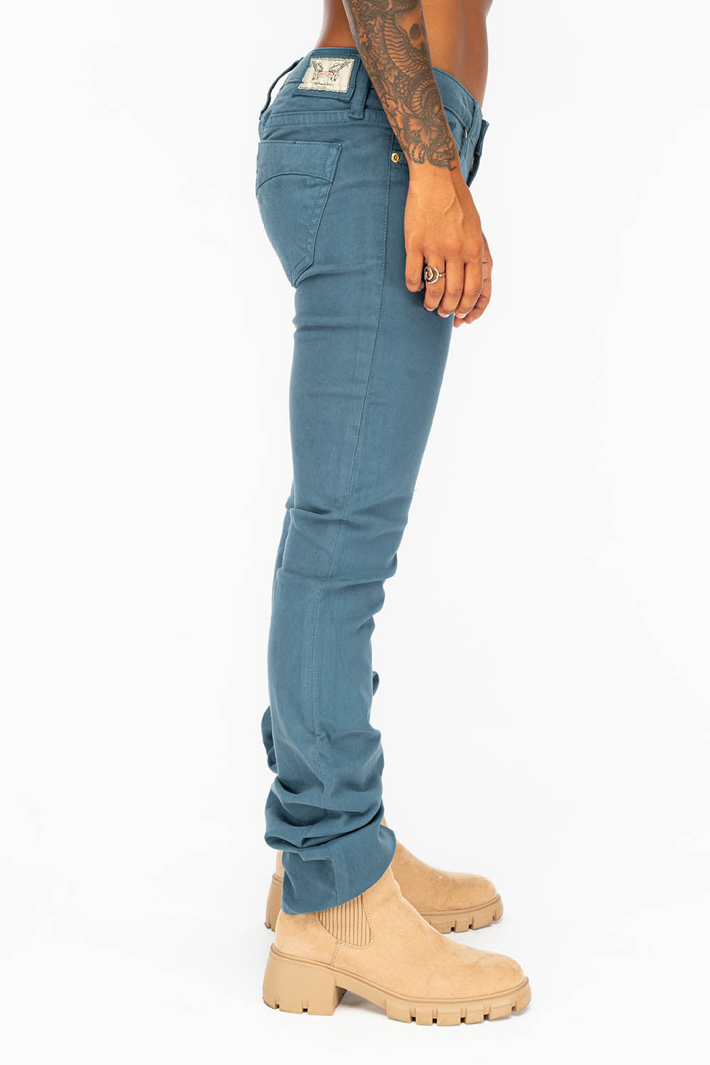 LOW RISE WOMENS JEANS IN PRUSSIAN BLUE WITH TONAL WINGS