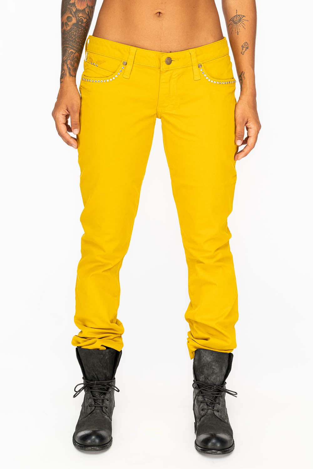 MARILYN LOW RISE WOMENS JEANS IN MUSTARD WITH TONAL WINGS & CLEAR CRYSTALS