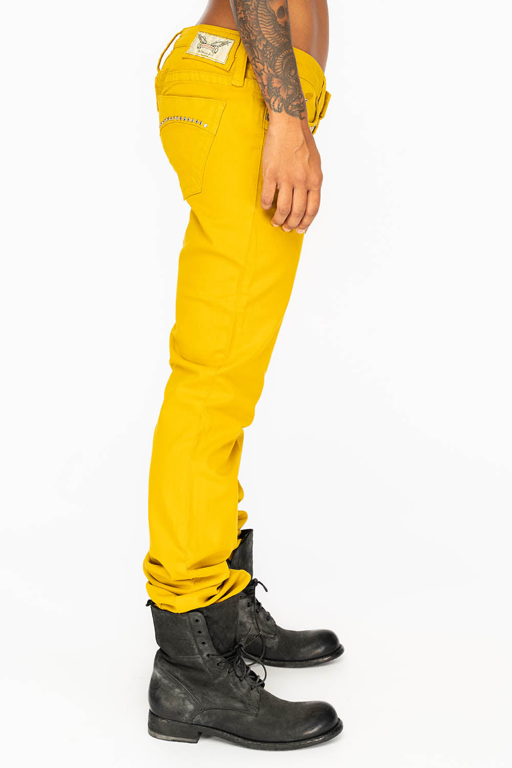 MARILYN LOW RISE WOMENS JEANS IN MUSTARD WITH TONAL WINGS & CLEAR CRYSTALS