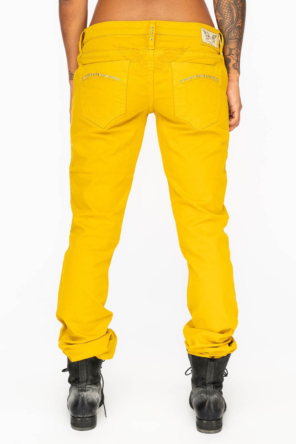 MARILYN LOW RISE WOMENS JEANS IN MUSTARD WITH TONAL WINGS & CLEAR CRYSTALS