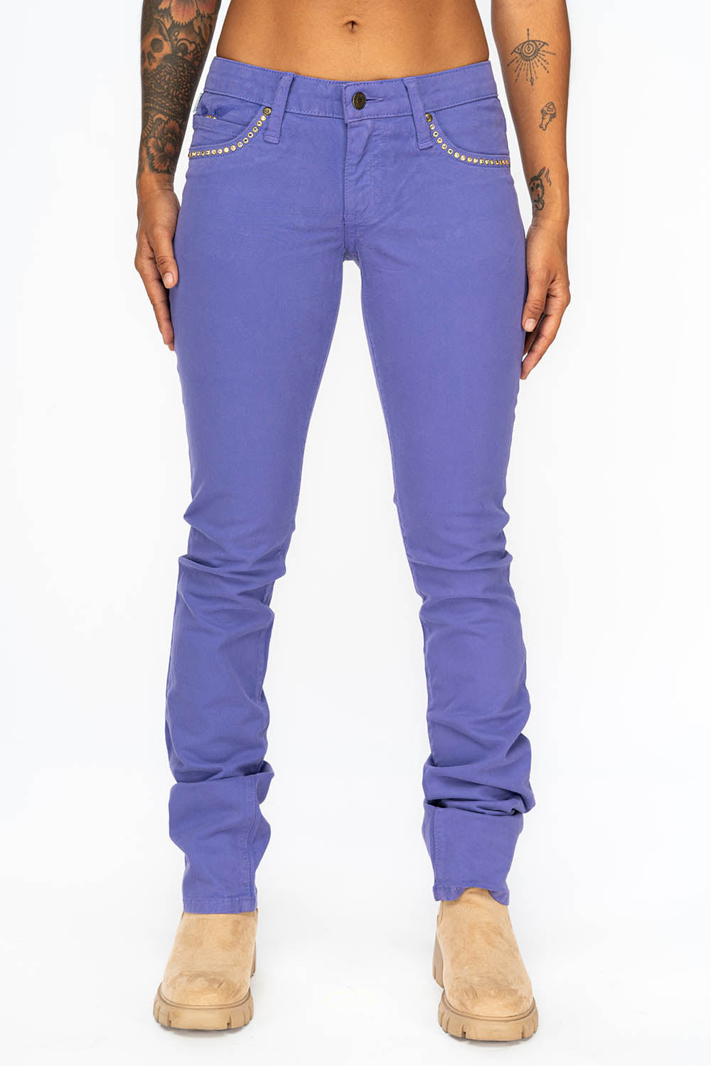 LOW RISE WOMENS JEANS IN LAVANDER  WITH CLEAR CRYSTAL