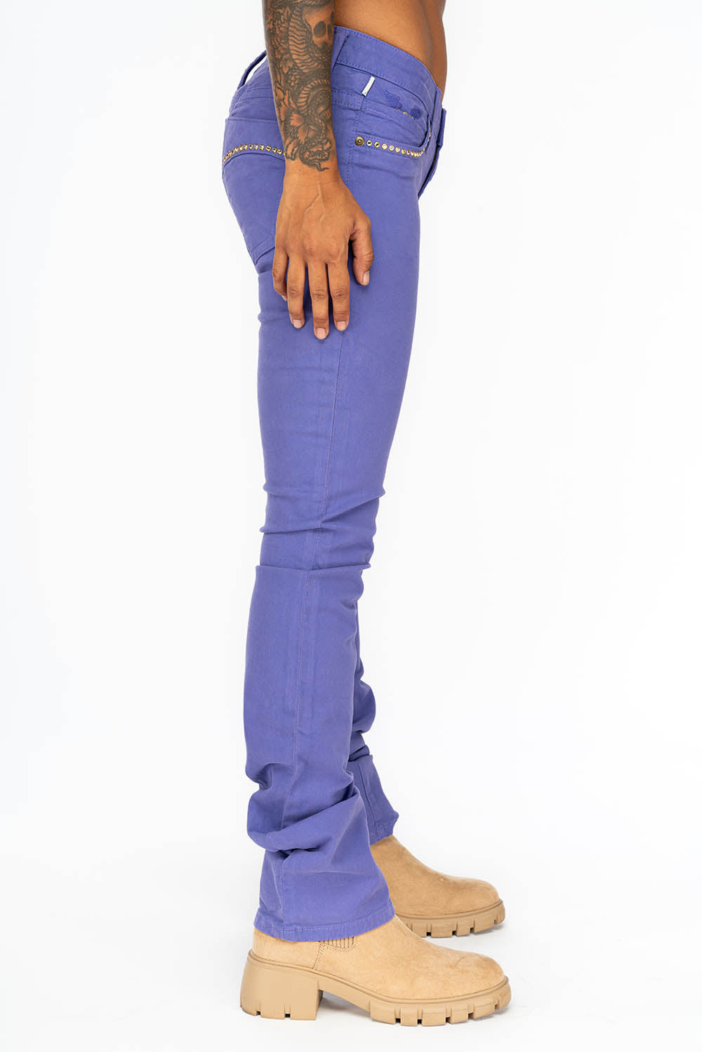 LOW RISE WOMENS JEANS IN LAVANDER  WITH CLEAR CRYSTAL