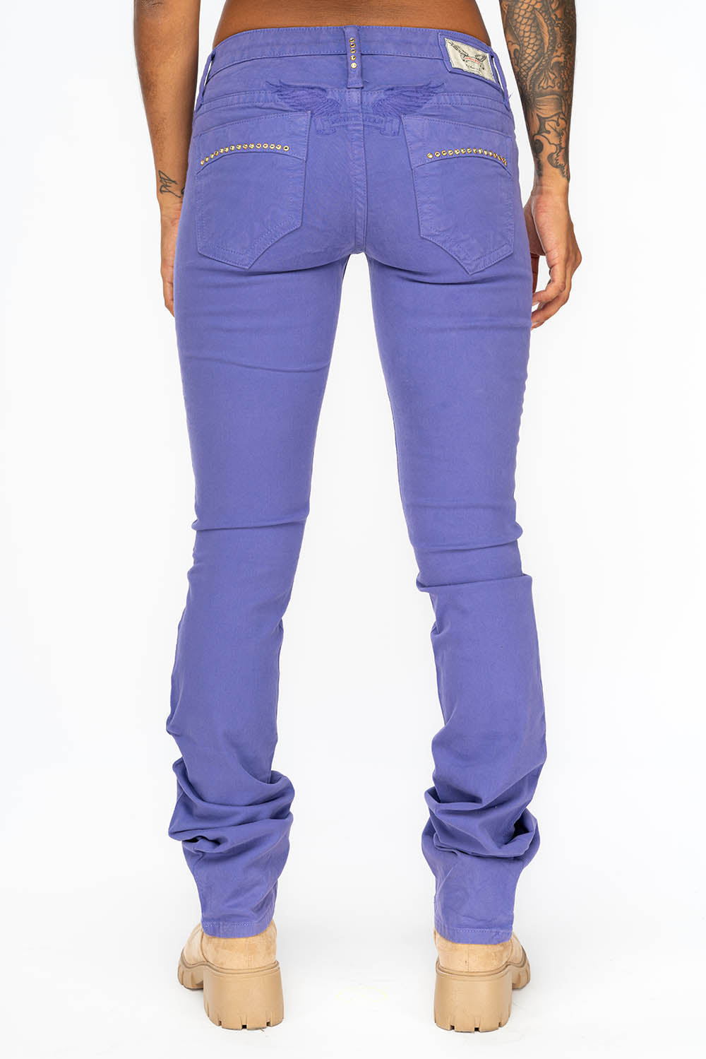 LOW RISE WOMENS JEANS IN LAVANDER  WITH CLEAR CRYSTAL