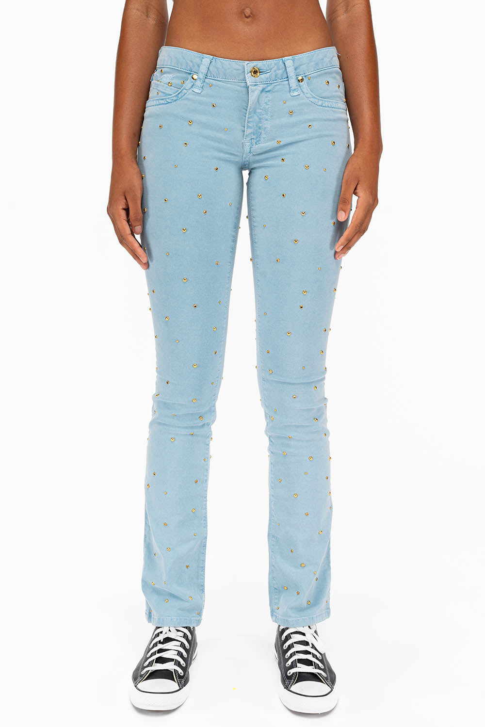 MARILYN LOW RISE WOMENS STUDDED STRAIGHT LEG JEANS IN DULL BLUE WITH TONAL WINGS AND CRYSTALS