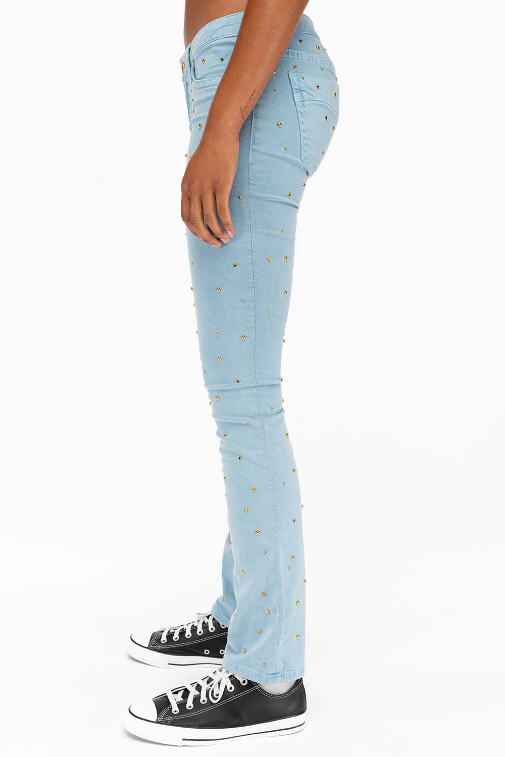 MARILYN LOW RISE WOMENS STUDDED STRAIGHT LEG JEANS IN DULL BLUE WITH TONAL WINGS AND CRYSTALS