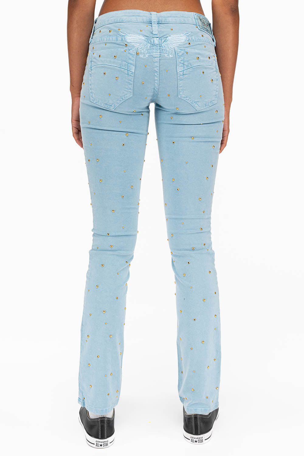 MARILYN LOW RISE WOMENS STUDDED STRAIGHT LEG JEANS IN DULL BLUE WITH TONAL WINGS AND CRYSTALS