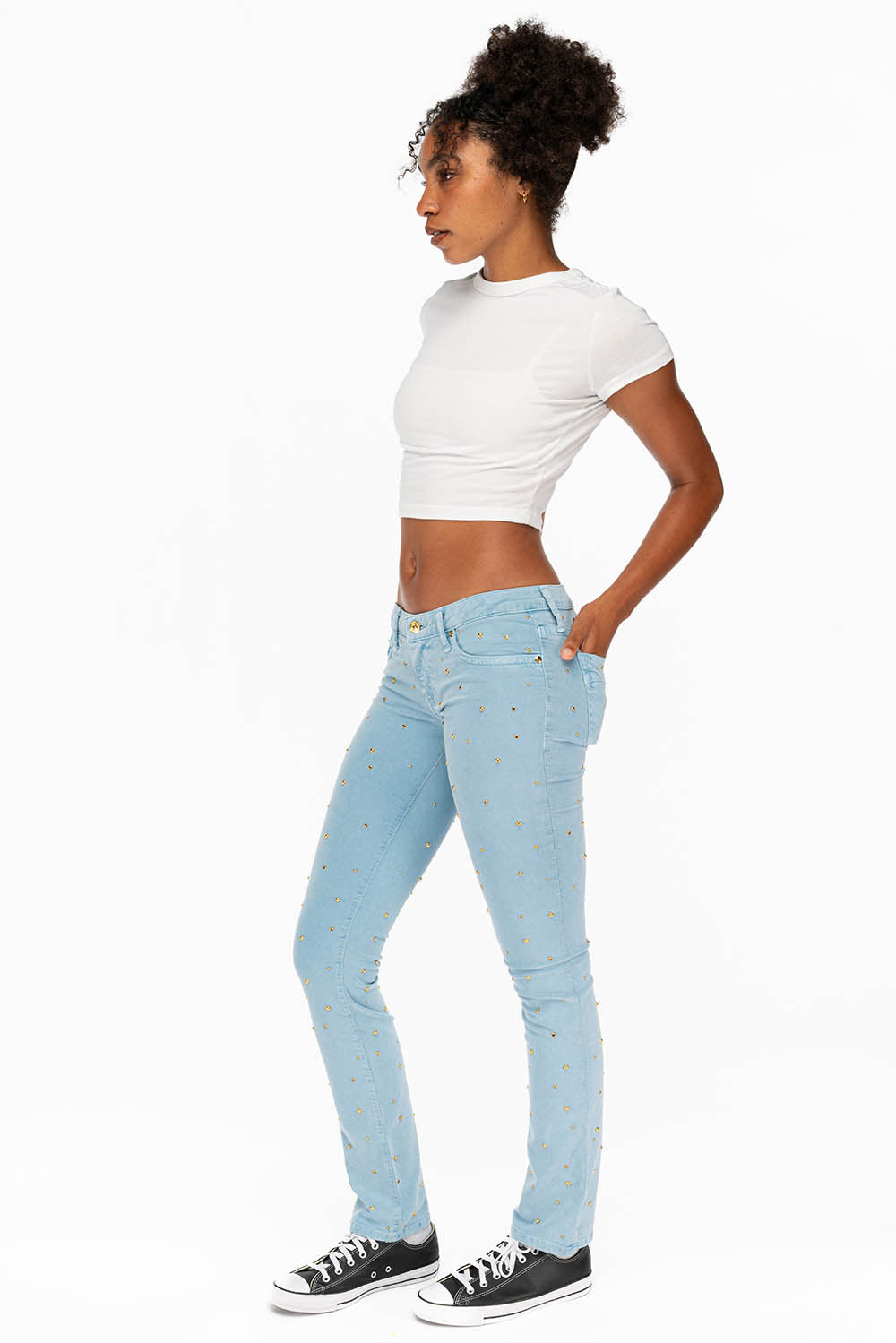 MARILYN LOW RISE WOMENS STUDDED STRAIGHT LEG JEANS IN DULL BLUE WITH TONAL WINGS AND CRYSTALS