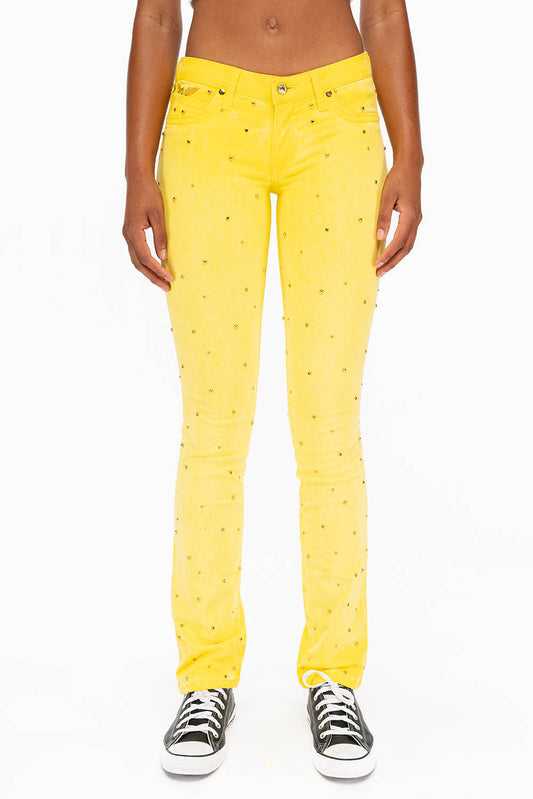 MARILYN LOW RISE WOMENS STUDDED STRAIGHT LOW RISE JEANS IN OIL YELLOW WITH TONAL WINGS AND CRYSTALS