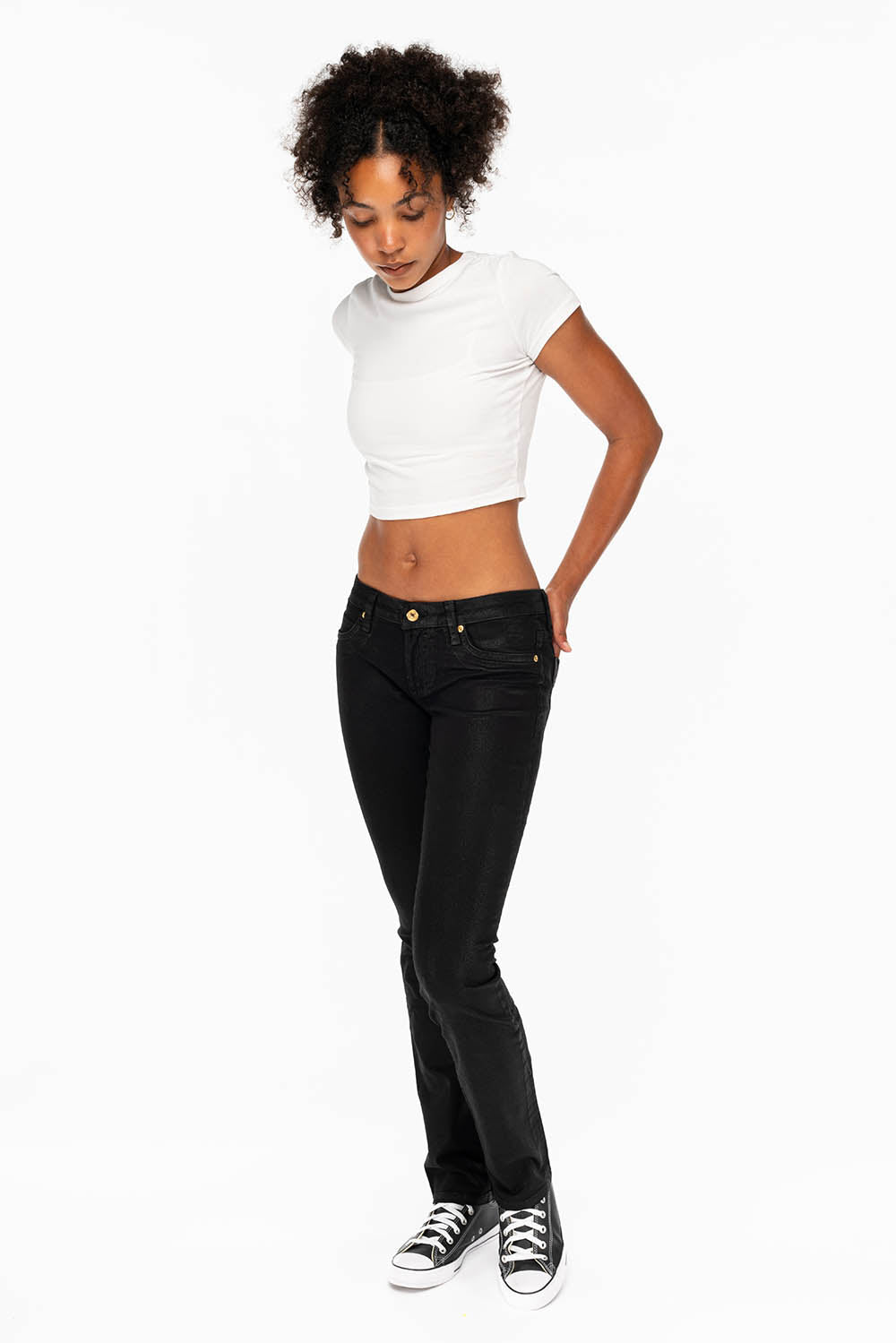 MARILYN LOW RISE WOMENS STRAIGHT LOW RISE JEANS IN BLACK COATING WITH TONAL WINGS