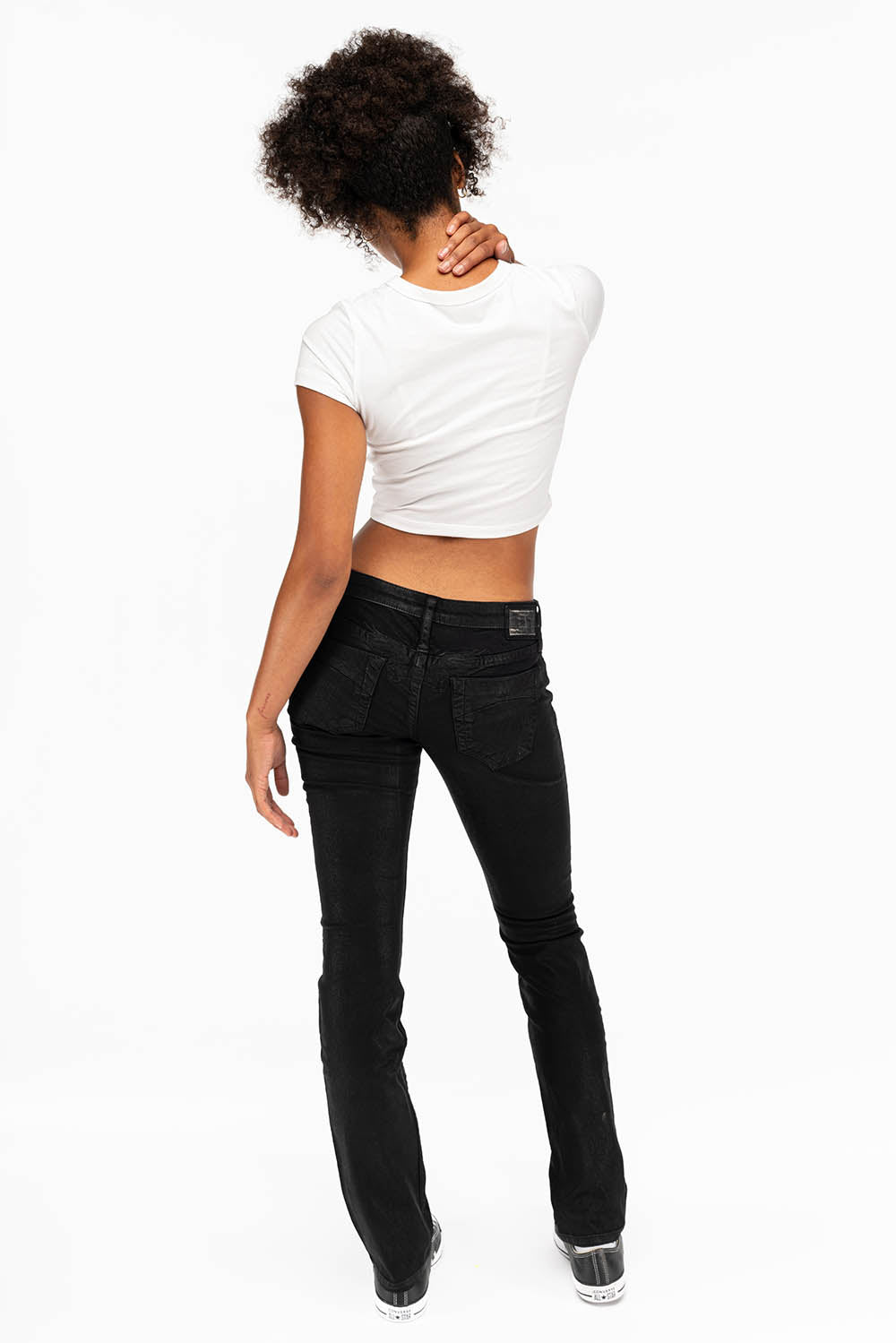 MARILYN LOW RISE WOMENS STRAIGHT LOW RISE JEANS IN BLACK COATING WITH TONAL WINGS