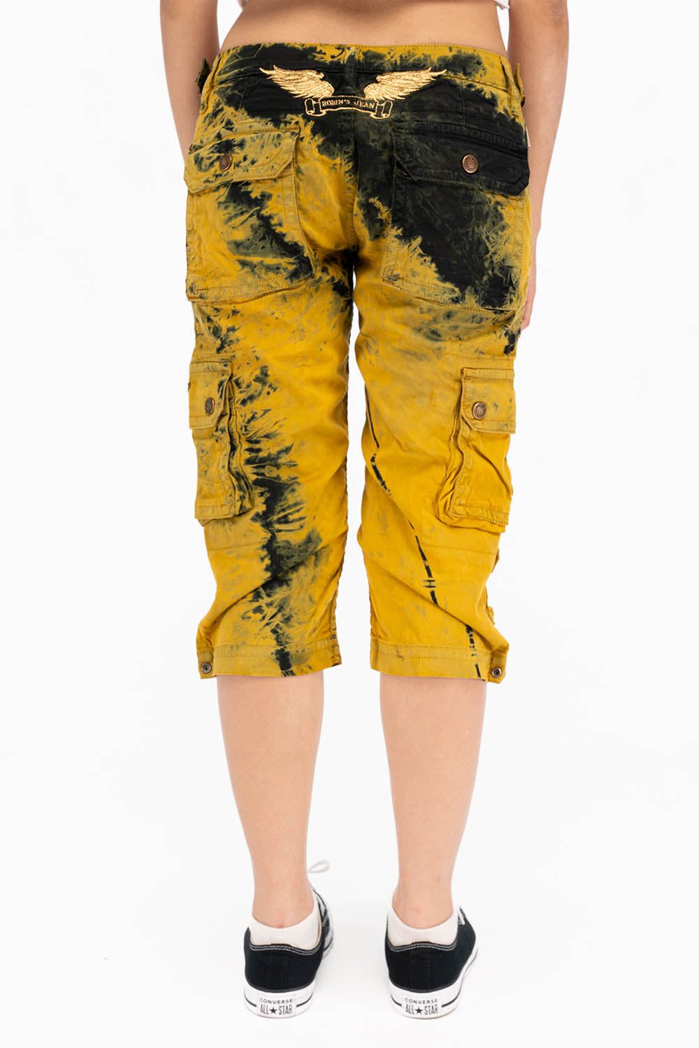 MILITARY STYLE ASSORTED PATCH WOMENS CARGO SHORTS IN TYE DYE YELLOW AND BLACK WASH