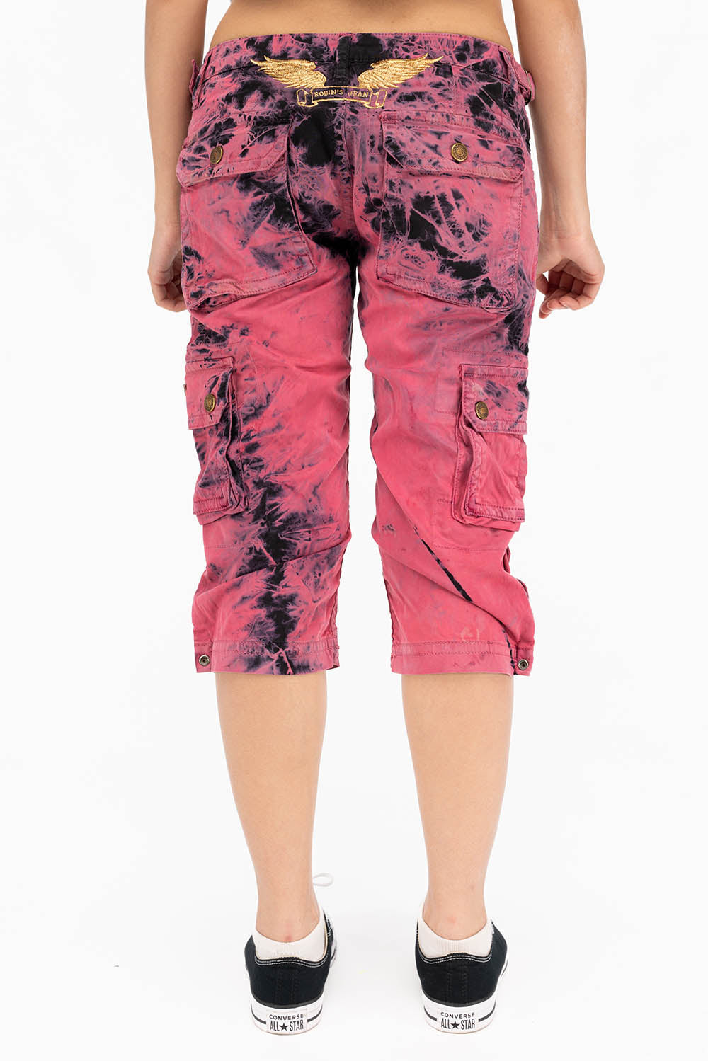 MILITARY STYLE ASSORTED PATCH WOMENS CARGO SHORTS IN TYE DYE PINK AND BLACK WASH