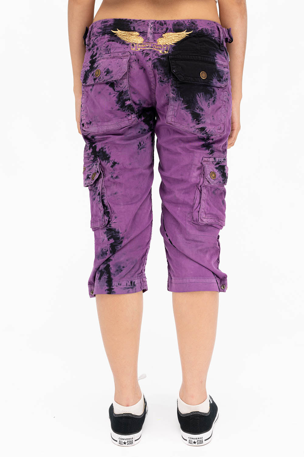 MILITARY STYLE ASSORTED PATCH WOMENS CARGO SHORTS IN TYE DYE PURPLE AND BLACK WASH