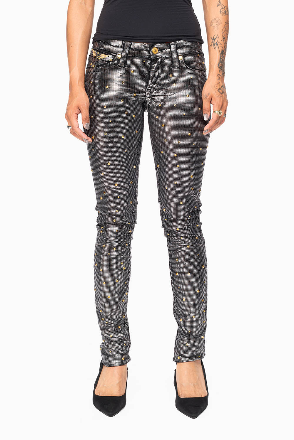 MARILYN WOMENS SKINNY JEANS IN DISCO BLK COATING  WITH GOLD WINGS EMBELLISHED WITH CRYSTALS & STUDS