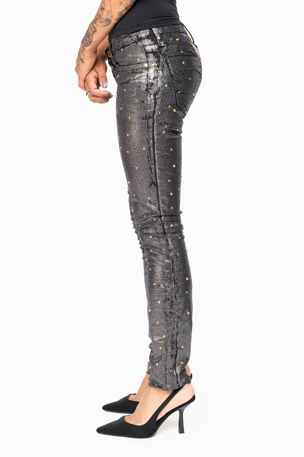 MARILYN WOMENS SKINNY JEANS IN DISCO BLK COATING  WITH GOLD WINGS EMBELLISHED WITH CRYSTALS & STUDS