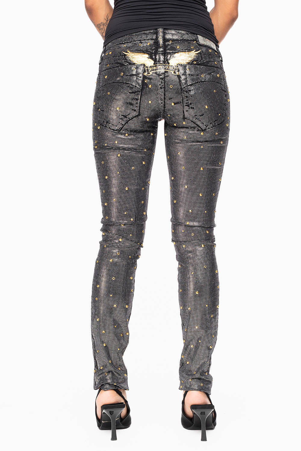 MARILYN WOMENS SKINNY JEANS IN DISCO BLK COATING  WITH GOLD WINGS EMBELLISHED WITH CRYSTALS & STUDS