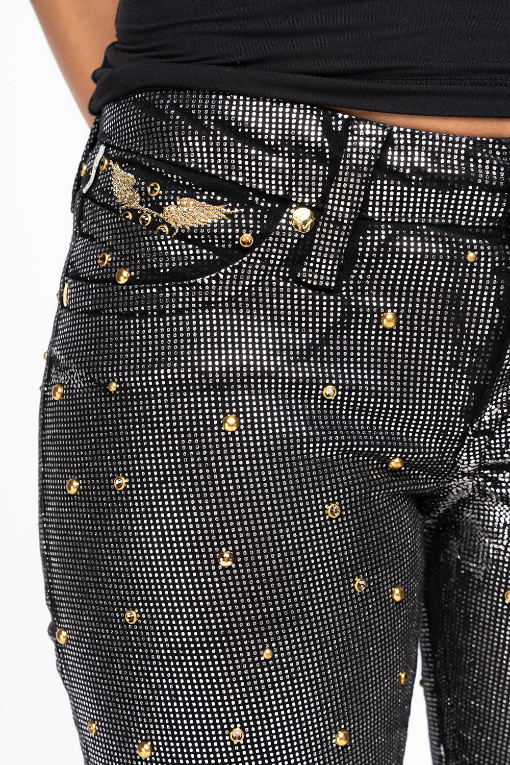 MARILYN WOMENS SKINNY JEANS IN DISCO BLK COATING  WITH GOLD WINGS EMBELLISHED WITH CRYSTALS & STUDS