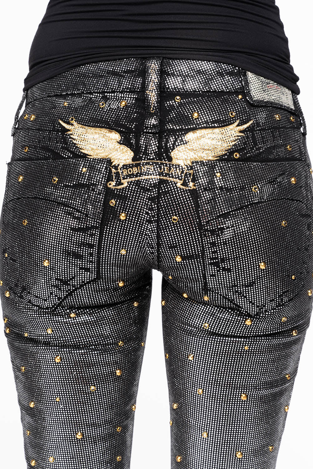 MARILYN WOMENS SKINNY JEANS IN DISCO BLK COATING  WITH GOLD WINGS EMBELLISHED WITH CRYSTALS & STUDS