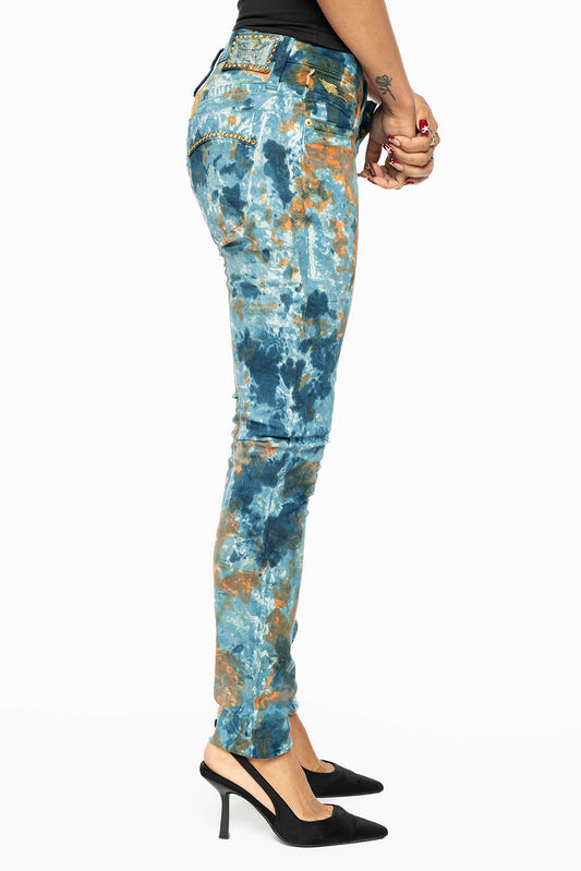 MARILYN LOW RISE WOMENS SKINNY JEANS IN  PAINT BLUE WASH WITH AURUM CRYSTALS
