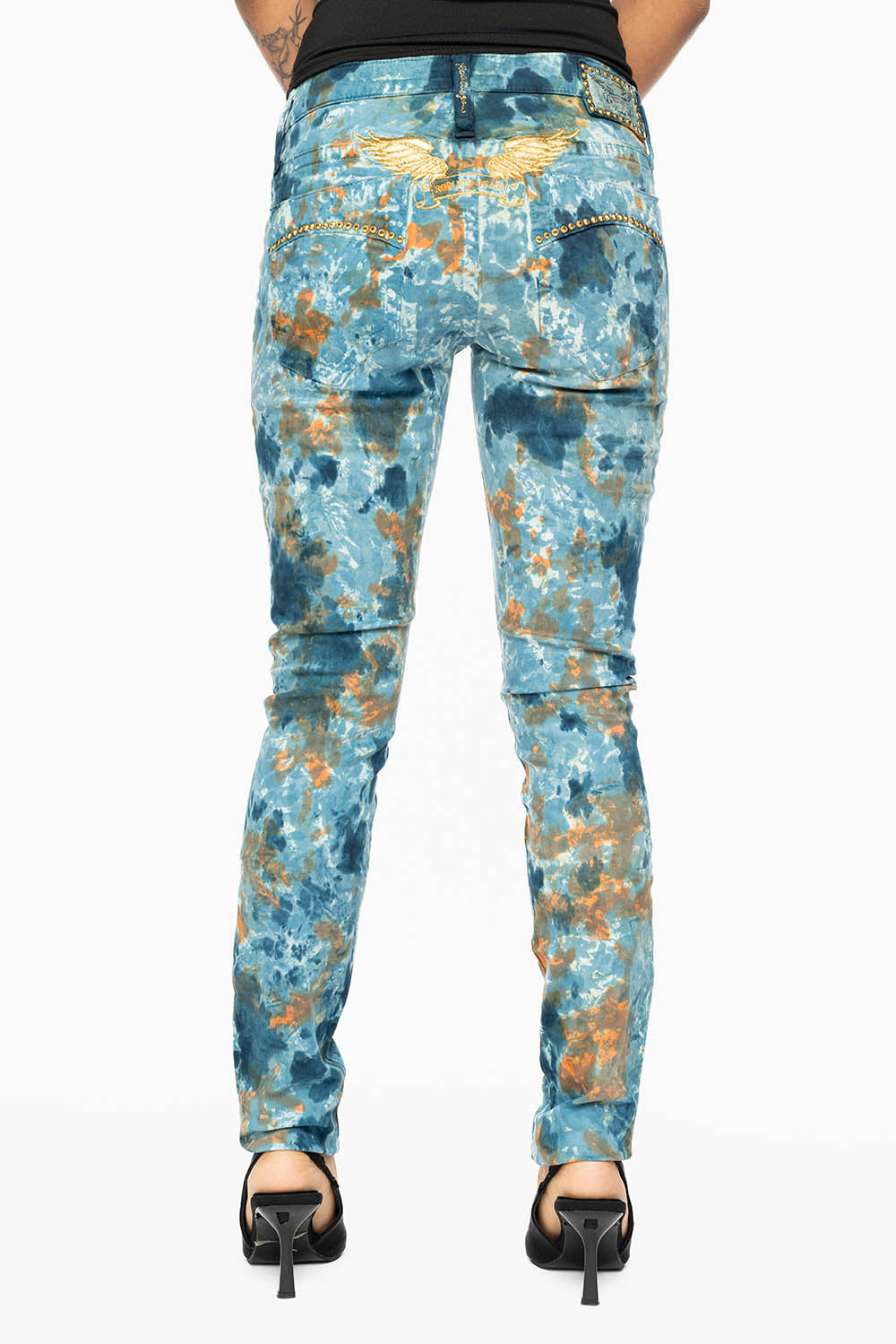 MARILYN LOW RISE WOMENS SKINNY JEANS IN  PAINT BLUE WASH WITH AURUM CRYSTALS