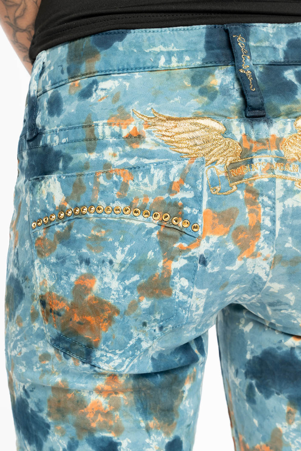 MARILYN LOW RISE WOMENS SKINNY JEANS IN  PAINT BLUE WASH WITH AURUM CRYSTALS